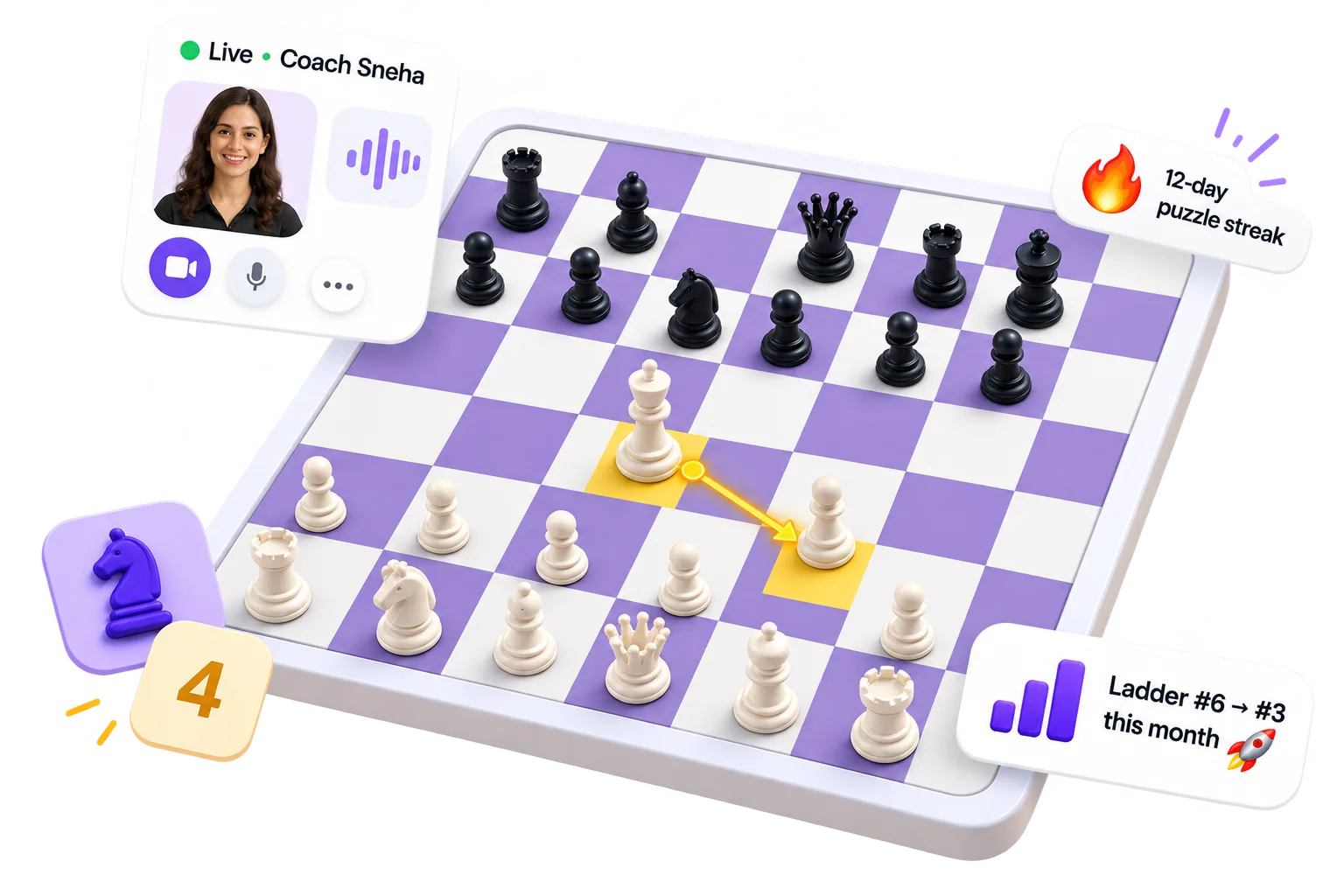 A live Unbox Chess class: coach video call over a purple chessboard mid-game